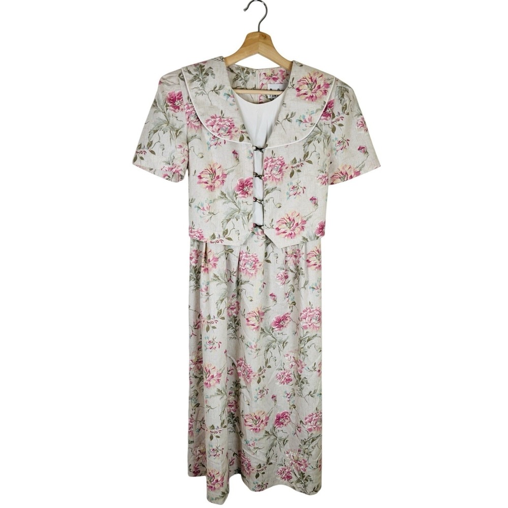 Vintage Peri Petites Dress Womens 10P Flax Blend Pink Floral Cottage‎ Midi Dress
